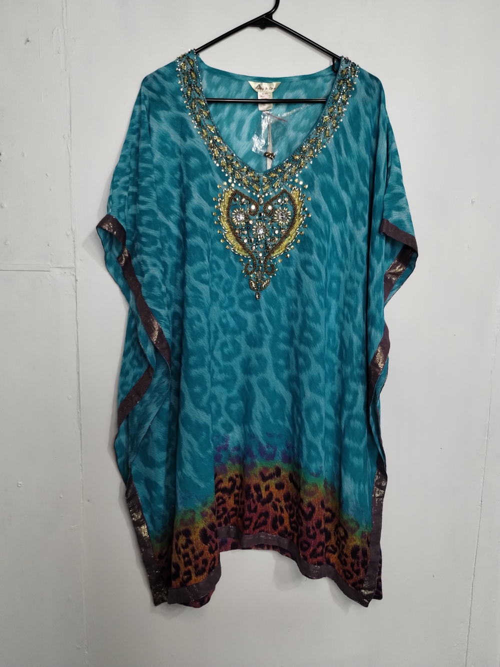 Embellished Teal Caftan Tunic with Beaded Neckline